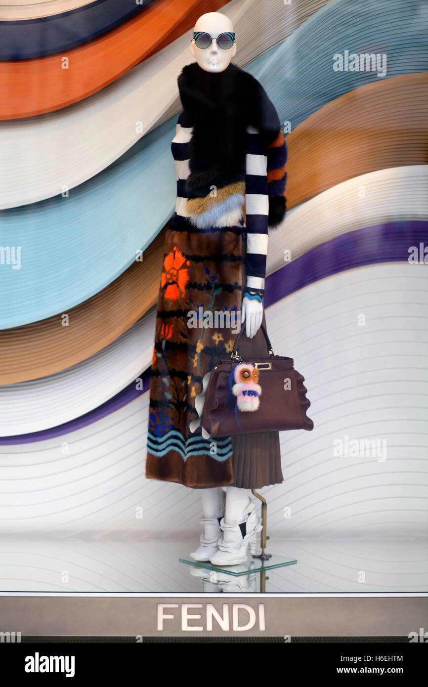 Fendi shop window on Via del Corso, main shopping street in Rome, Italy