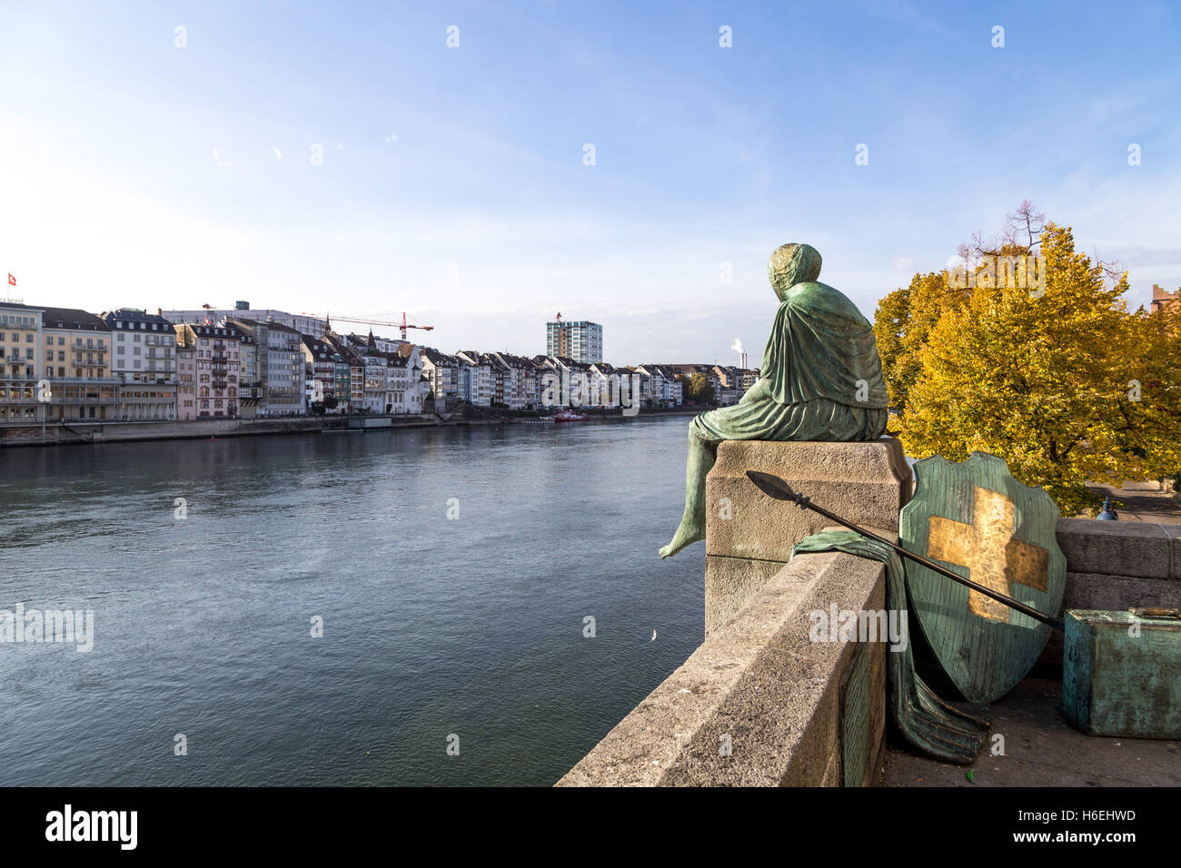 Basel, Switzerland - October 24, 2016: The Helvetia statue at the Rhine river Stock Photo
