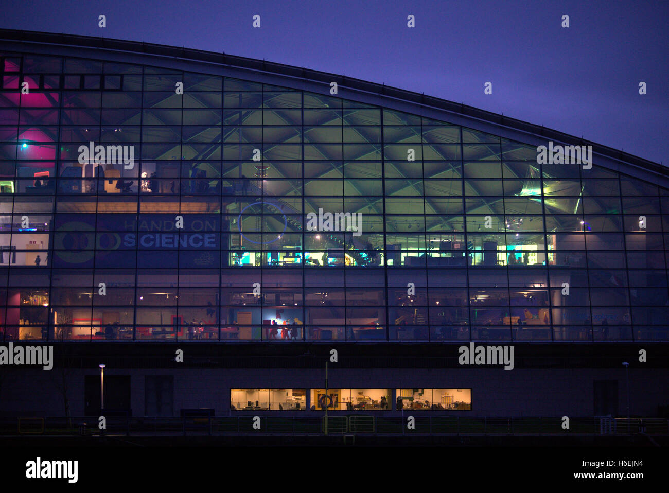Glasgow Science Centre center at night on the Clyde at pacific Quay