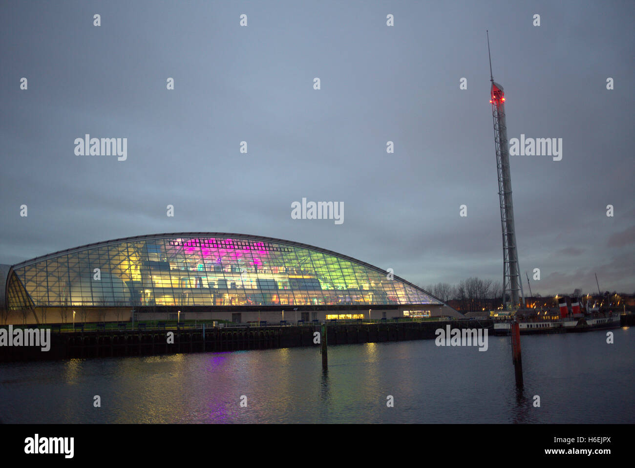 Glasgow Science Centre center  at night on the Clyde at pacific Quay Stock Photo