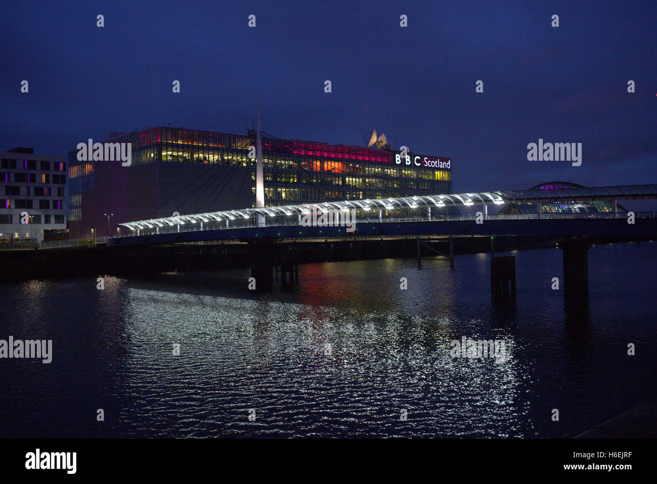 BBC Scotland headquarters at pacific quay Glasgow at night Stock Photo