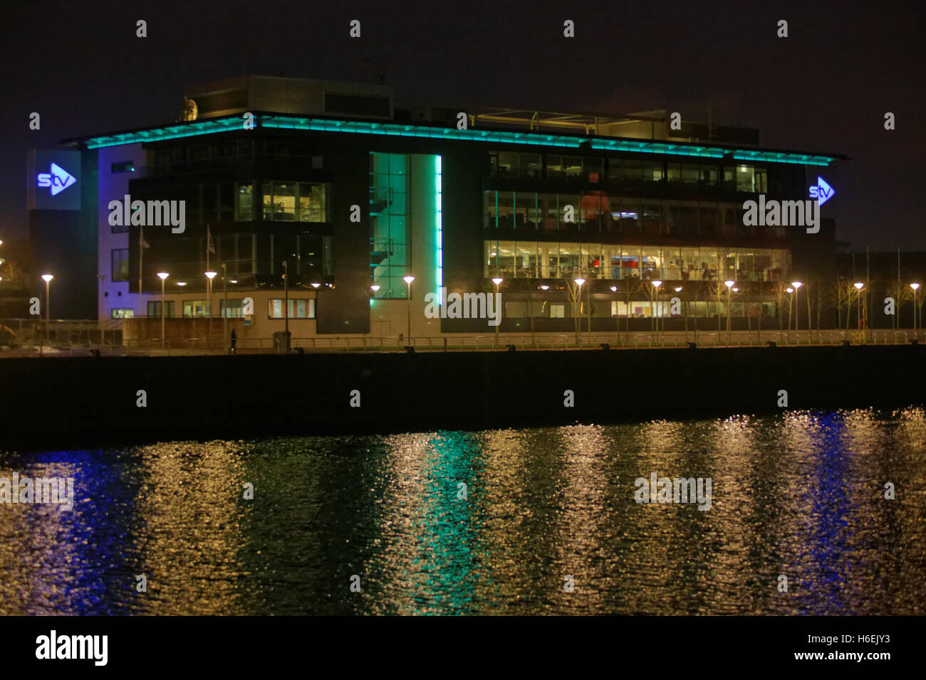 STV headquarters pacific quay Glasgow tv studios at night by the clyde Stock Photo