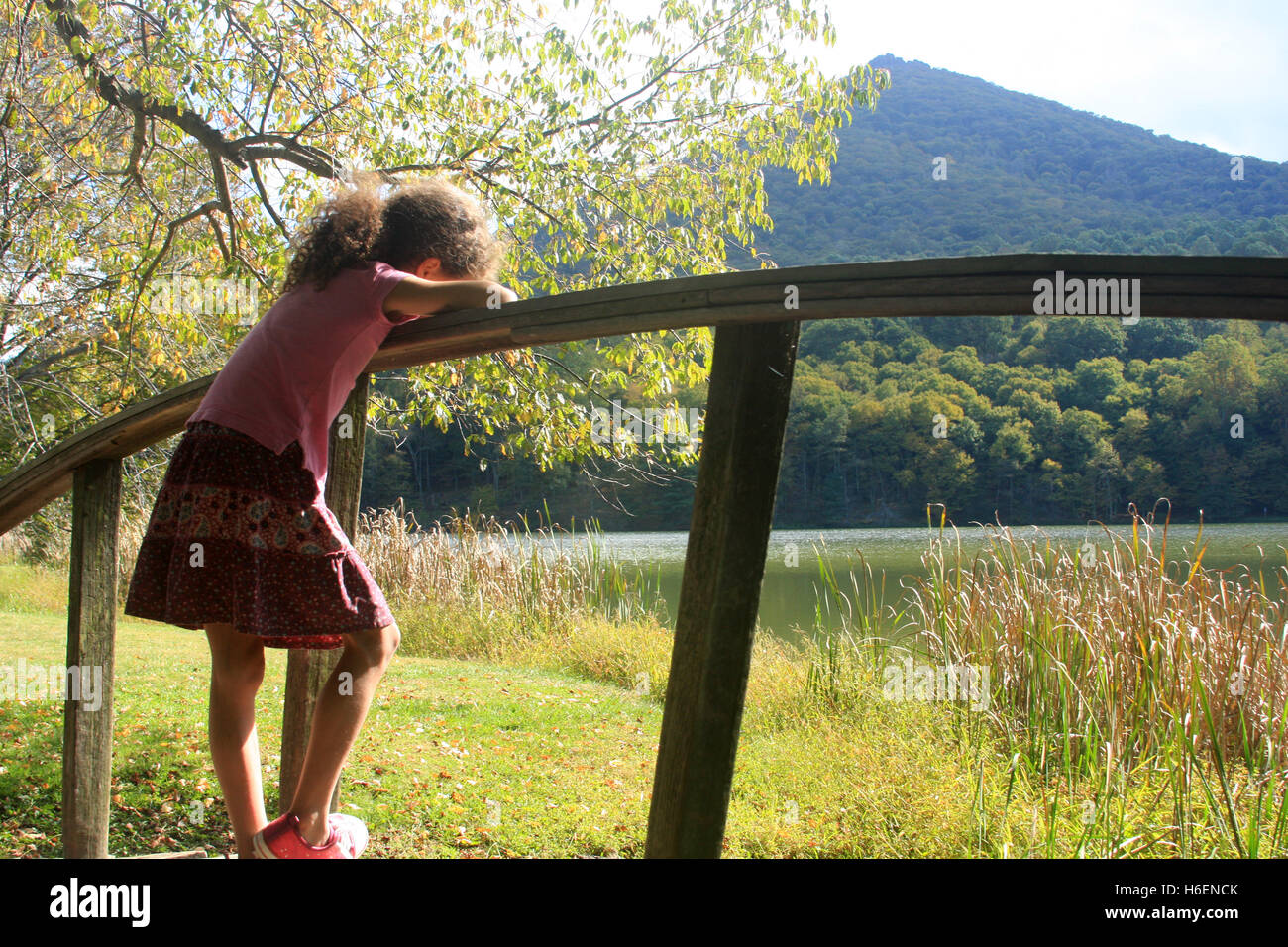 Little girl alone on small wooden bridge near mountain lake Stock Photo