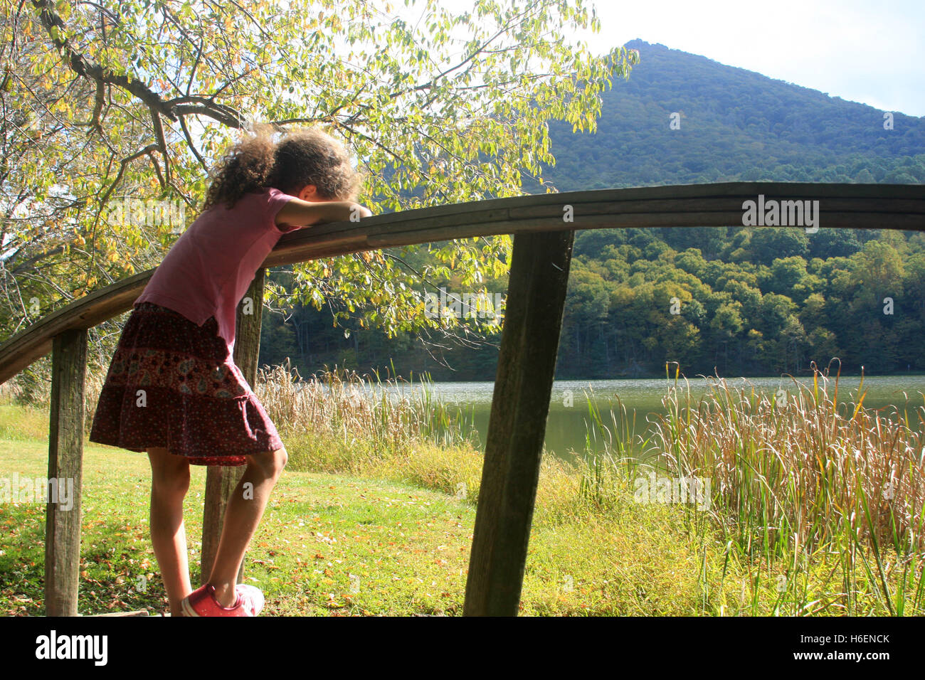 Little girl alone on small wooden bridge near mountain lake Stock Photo ...