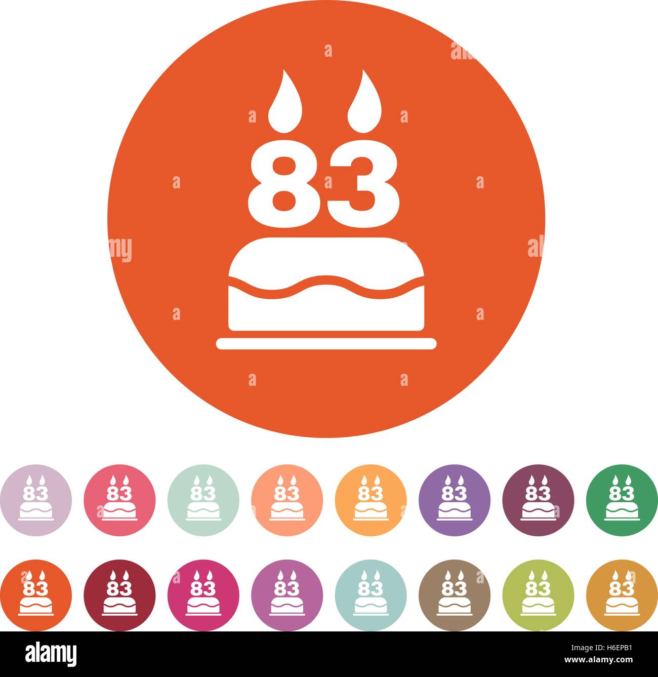 The birthday cake with candles in the form of number 83 icon. Birthday symbol. Flat Vector illustration. Button Set Stock Vector