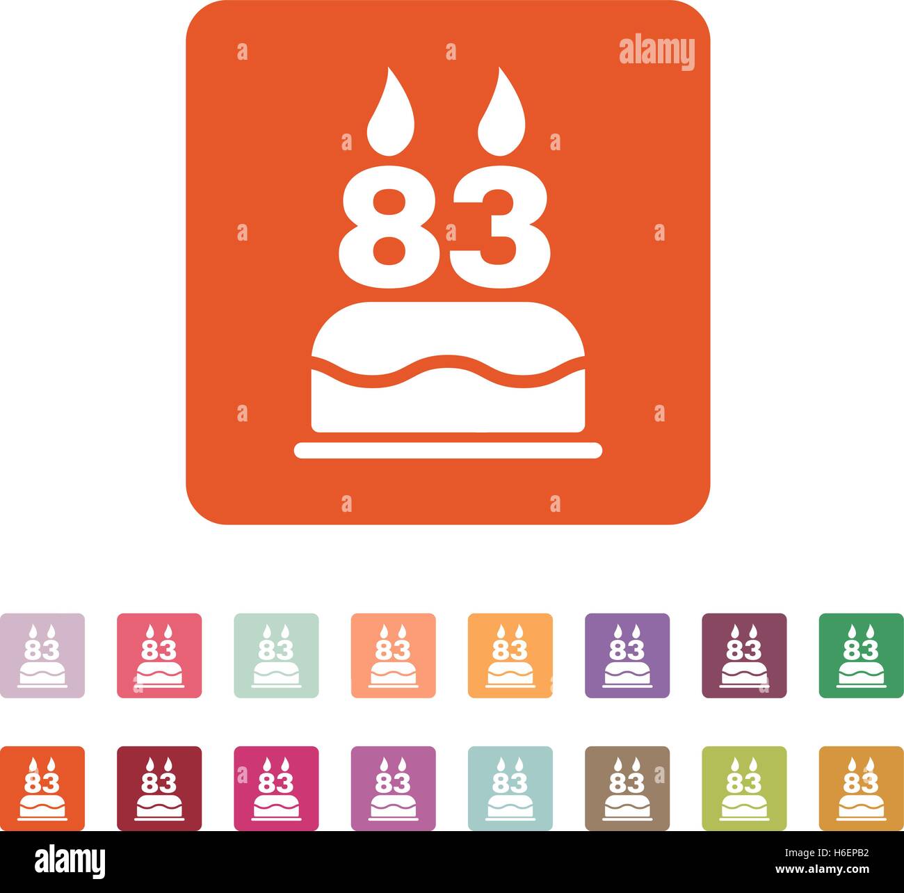 The birthday cake with candles in the form of number 83 icon. Birthday symbol. Flat Vector illustration. Button Set Stock Vector