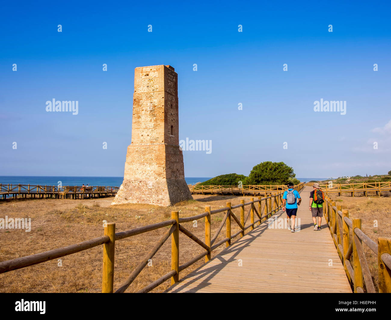Wooden path in the natural park of Cabopino, Marbella. Costa del Sol, Malaga province. Andalusia Spain. Europe Stock Photo