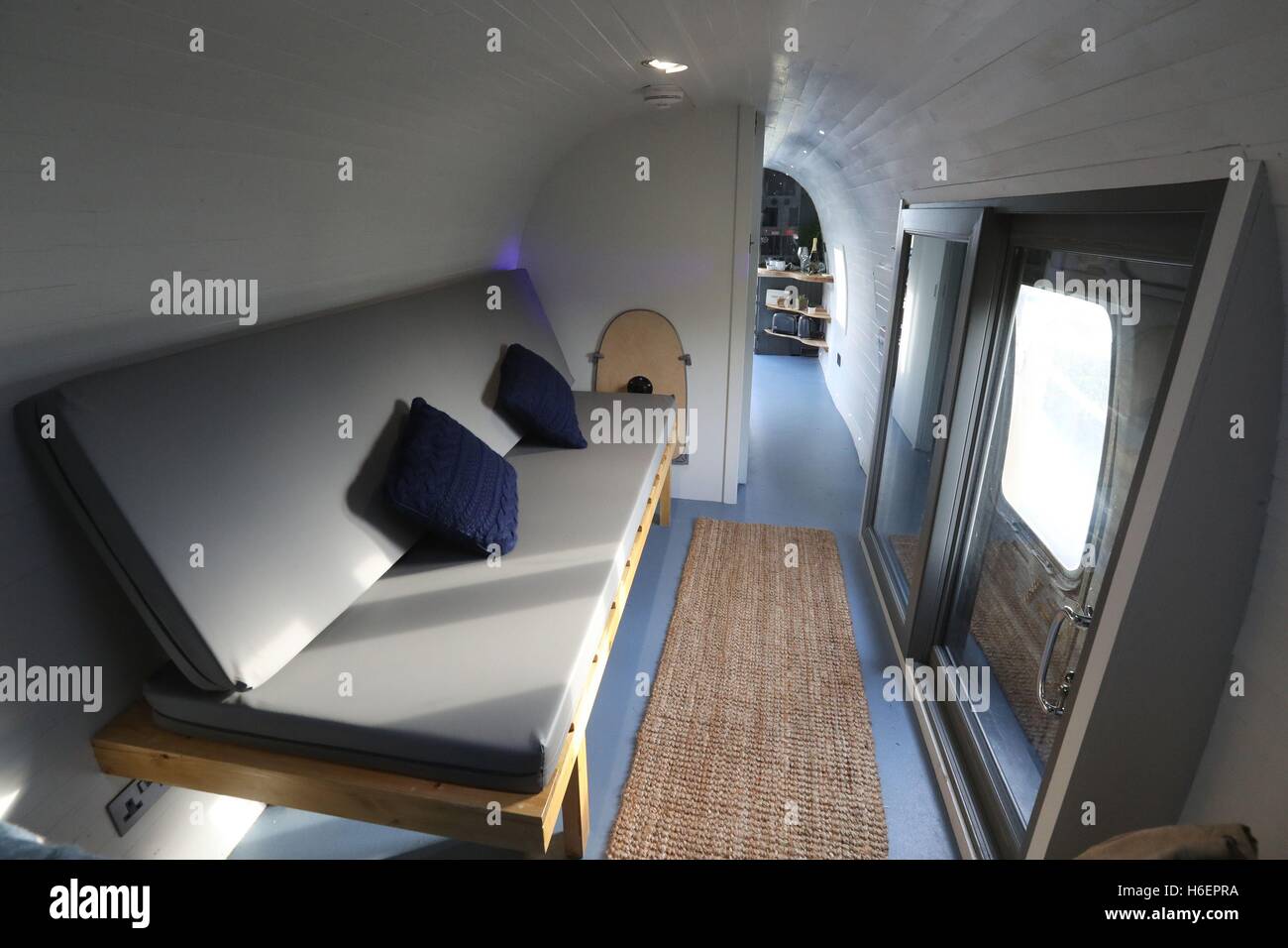 A view inside the retired Sea King helicopter which has returned to active service, this time as Scotland's most unusual place to stay, a holiday home at Mains Farm Wigwams, situated on the outskirts of the village of Thornhill near Stirling. Stock Photo