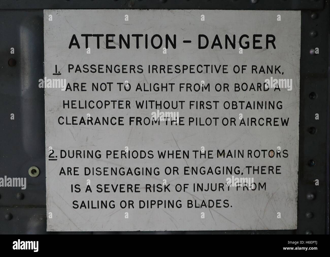 Original signage onboard the retired Sea King helicopter which has returned to active service, this time as Scotland's most unusual place to stay, a holiday home at Mains Farm Wigwams, situated on the outskirts of the village of Thornhill near Stirling. Stock Photo