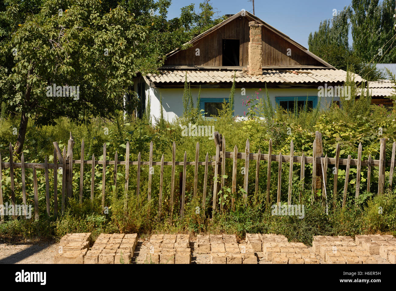House with picket fence and mud bricks in Kalinino Basshy village Kazakhstan Stock Photo