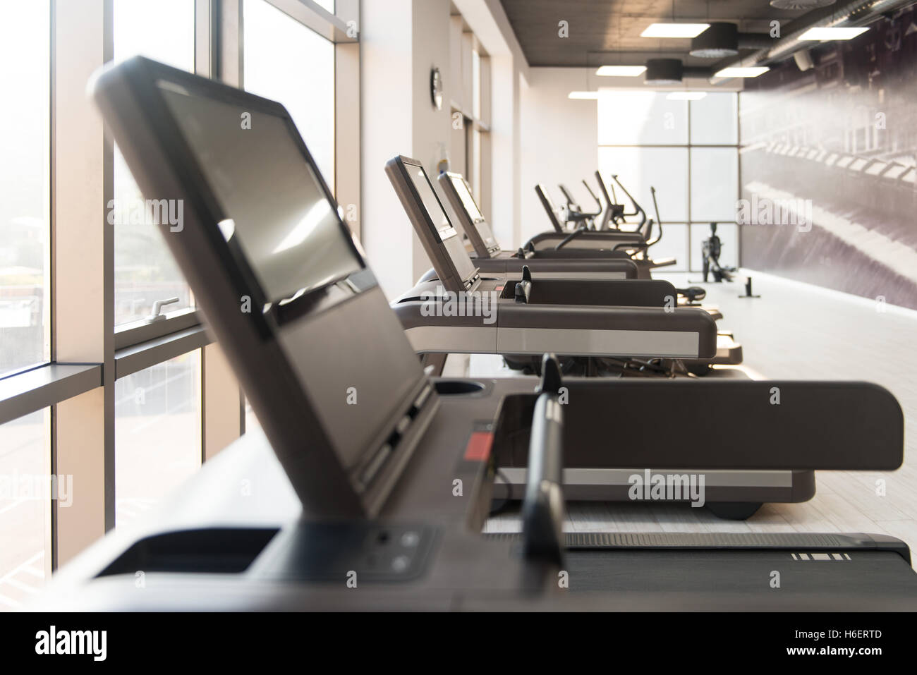 Equipment And Machines At The Modern Gym Room Fitness Center Stock