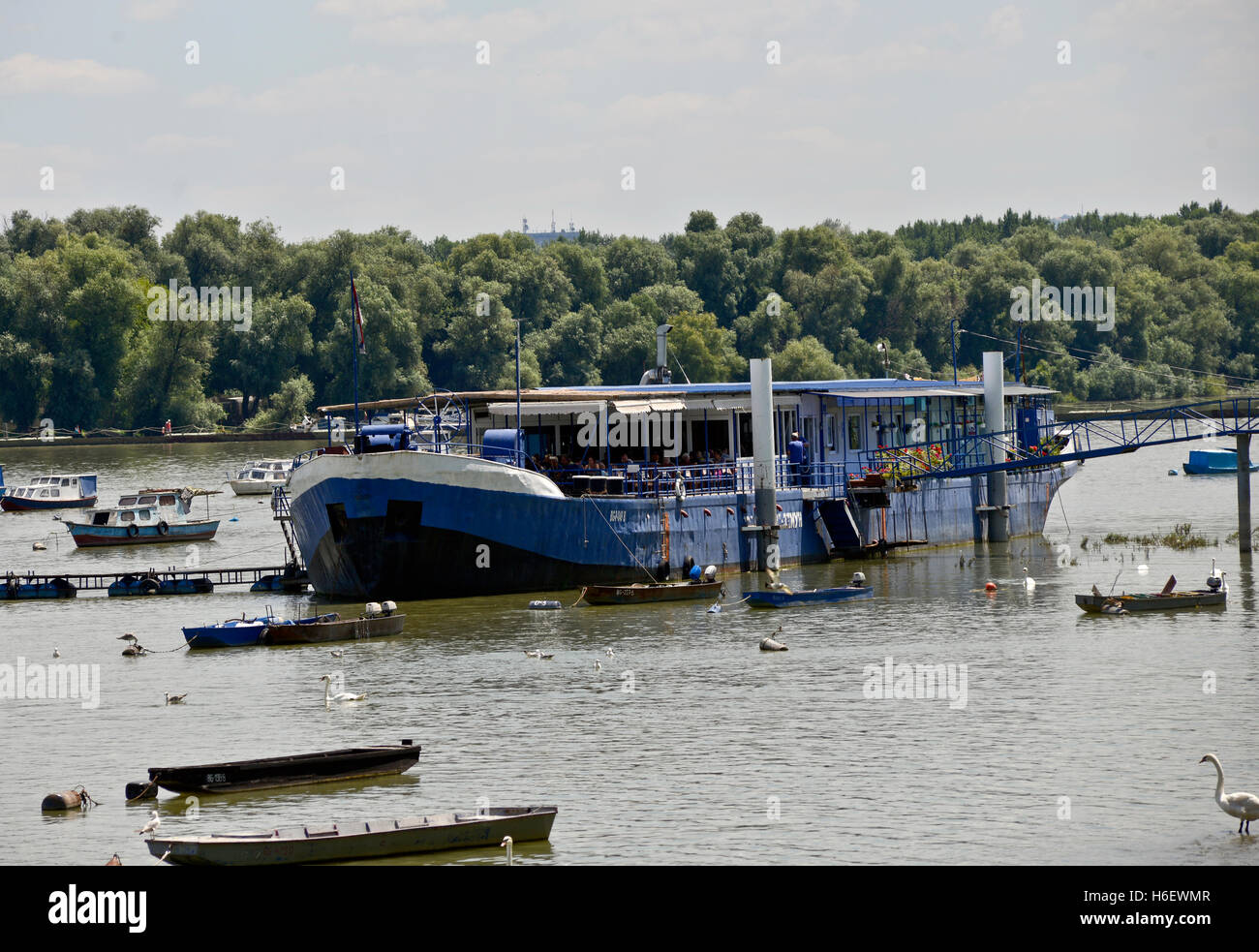 Ship and boats in the Sava River, Belgrade, Serbia Stock Photo