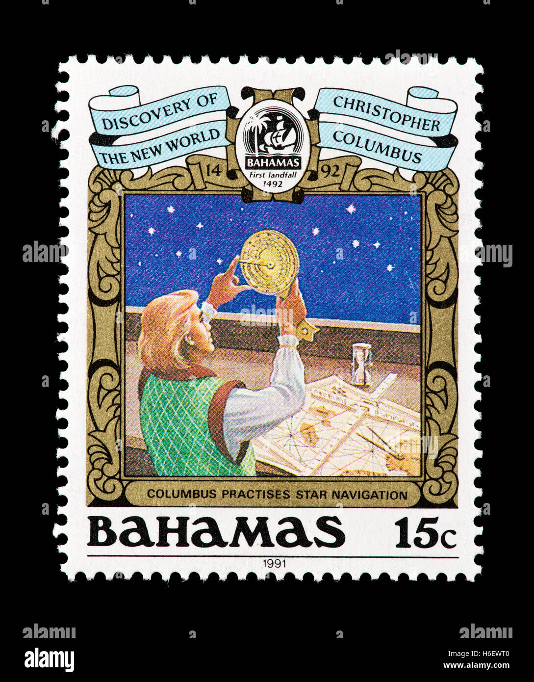 Postage stamp from the Bahamas depicting Columbus practicing star