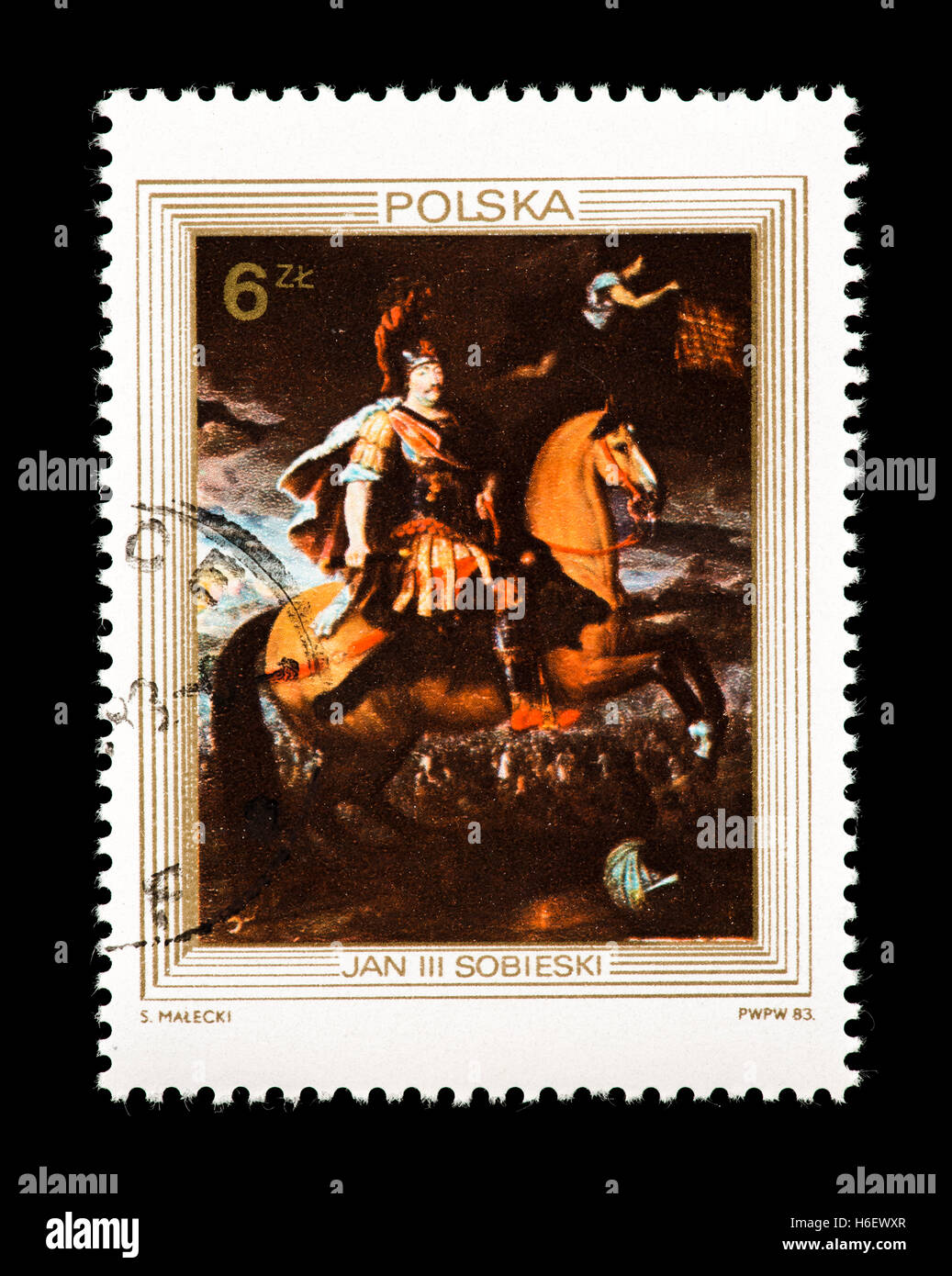 Postage stamp from Poland depicting King John Ill Sobieski on horseback. by Francesco Trevisani. Stock Photo