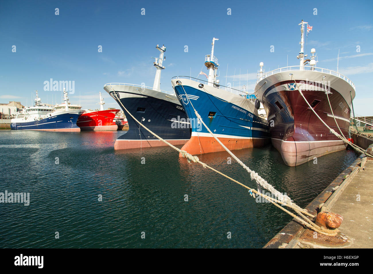 Trawlers at anchor in Fraserburgh Harbour Stock Photo