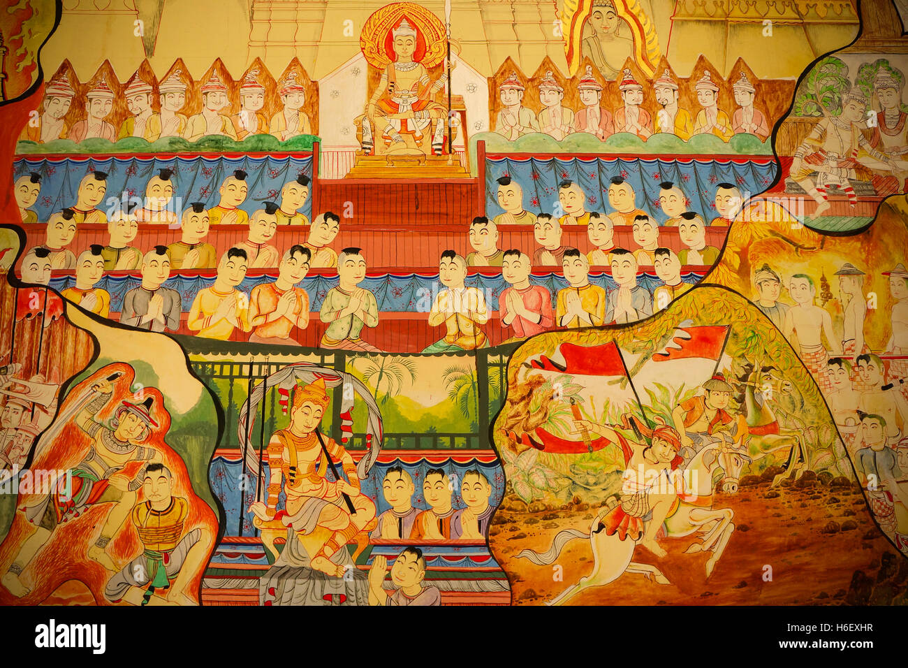 Traditional Thai style art painting on temple's wall (Ramayana story) Stock Photo