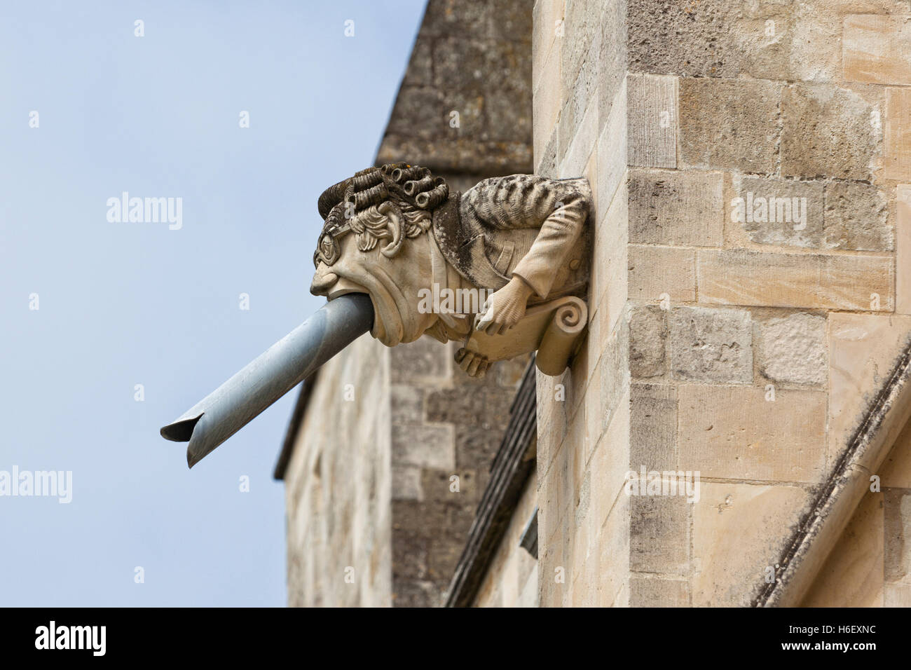 Closeup of modern gargoyle at southern facade of Chichester Cathedral, West Sussex, UK Stock Photo