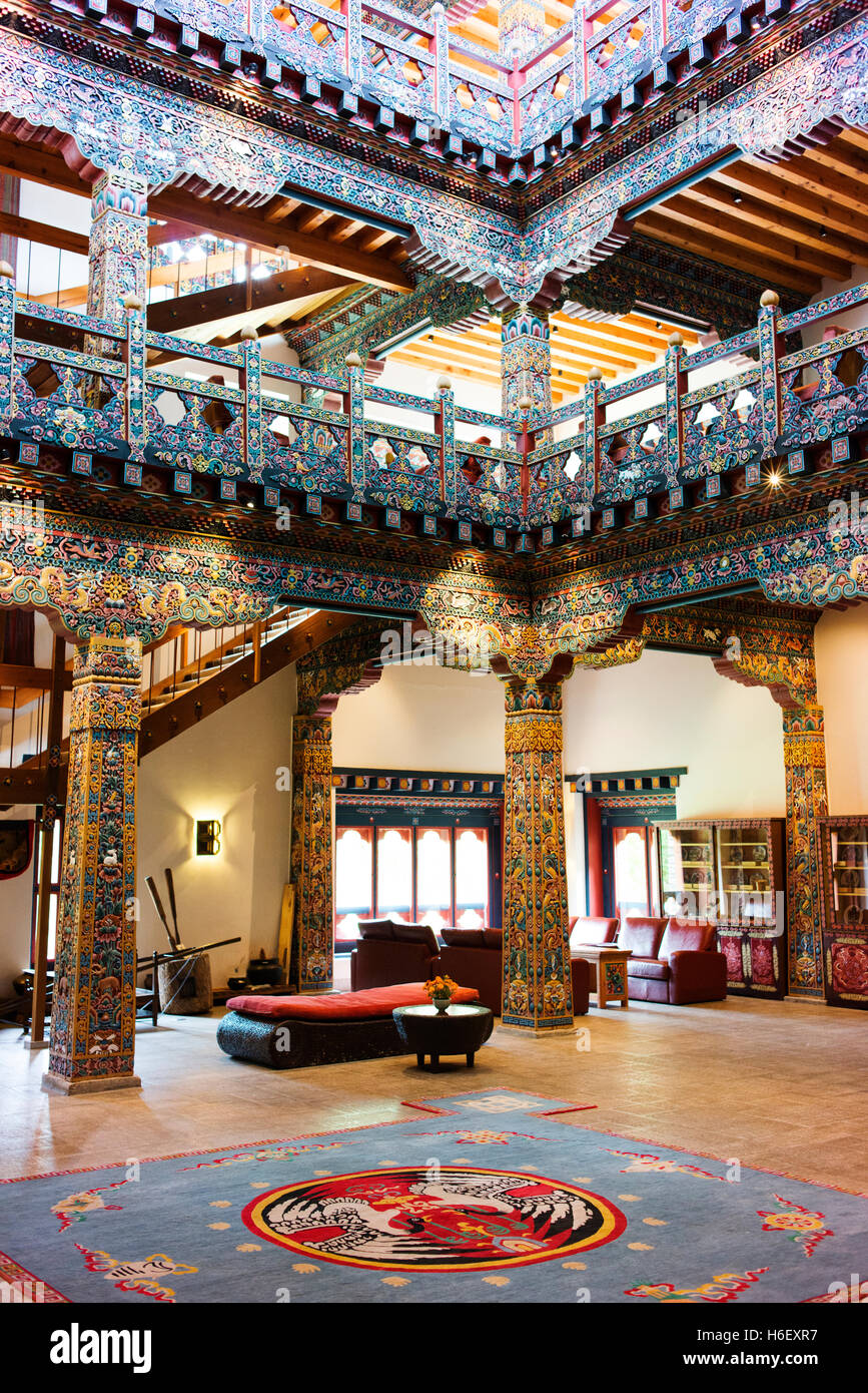 Interior of the Zhiwaling Hotel showing traditional construction and decoration in building. Stock Photo