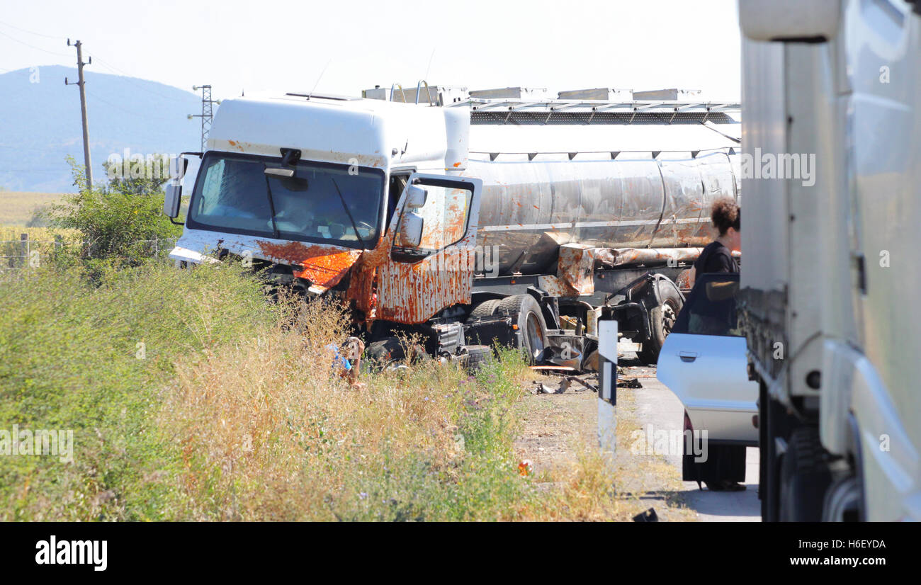 Horizontal image of a tank transporter truck vehicle wreck. Stock Photo