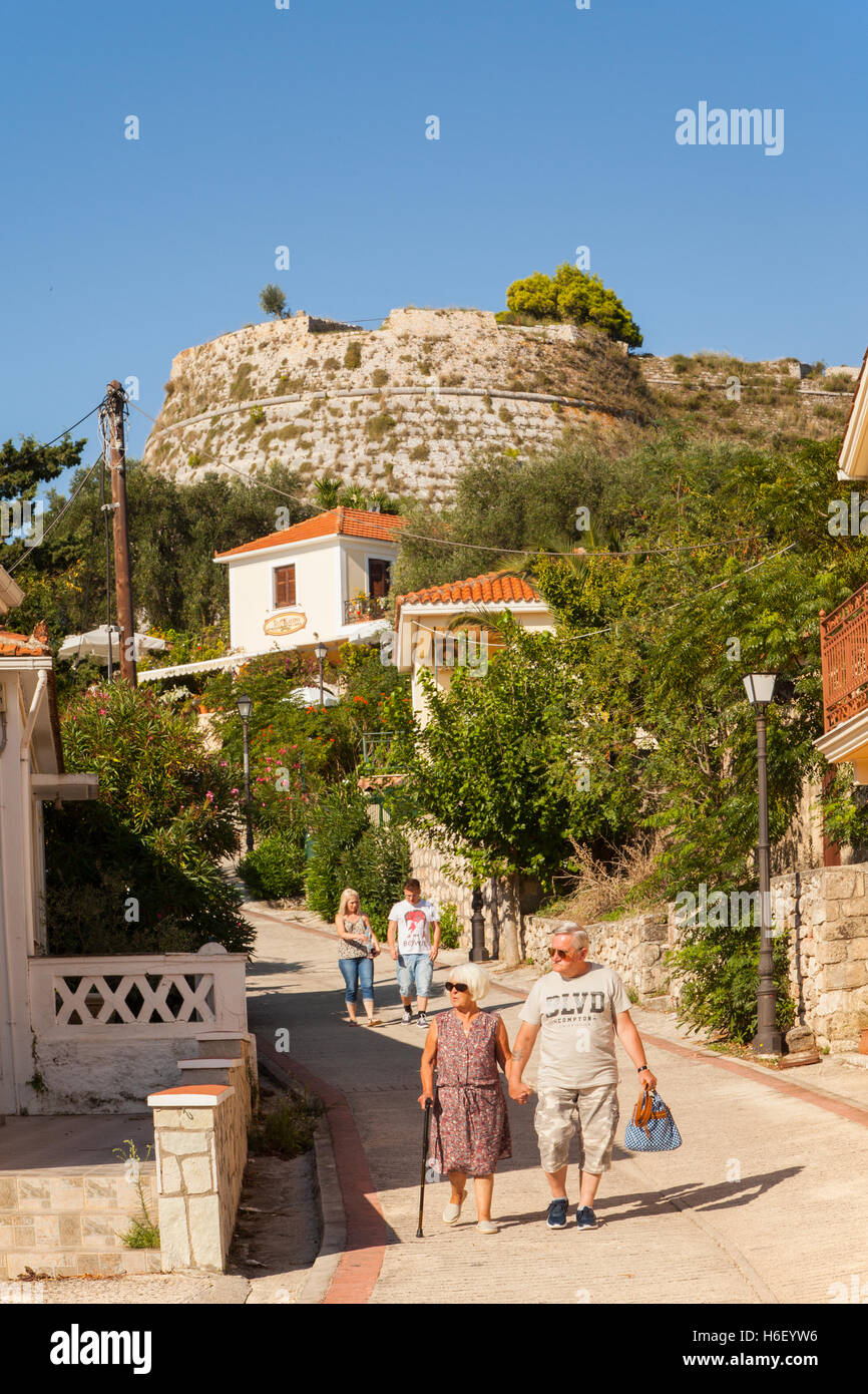 Tourists sightseeing at St Georios Castle Argostoli on the Greek island of Kefalonia Stock Photo
