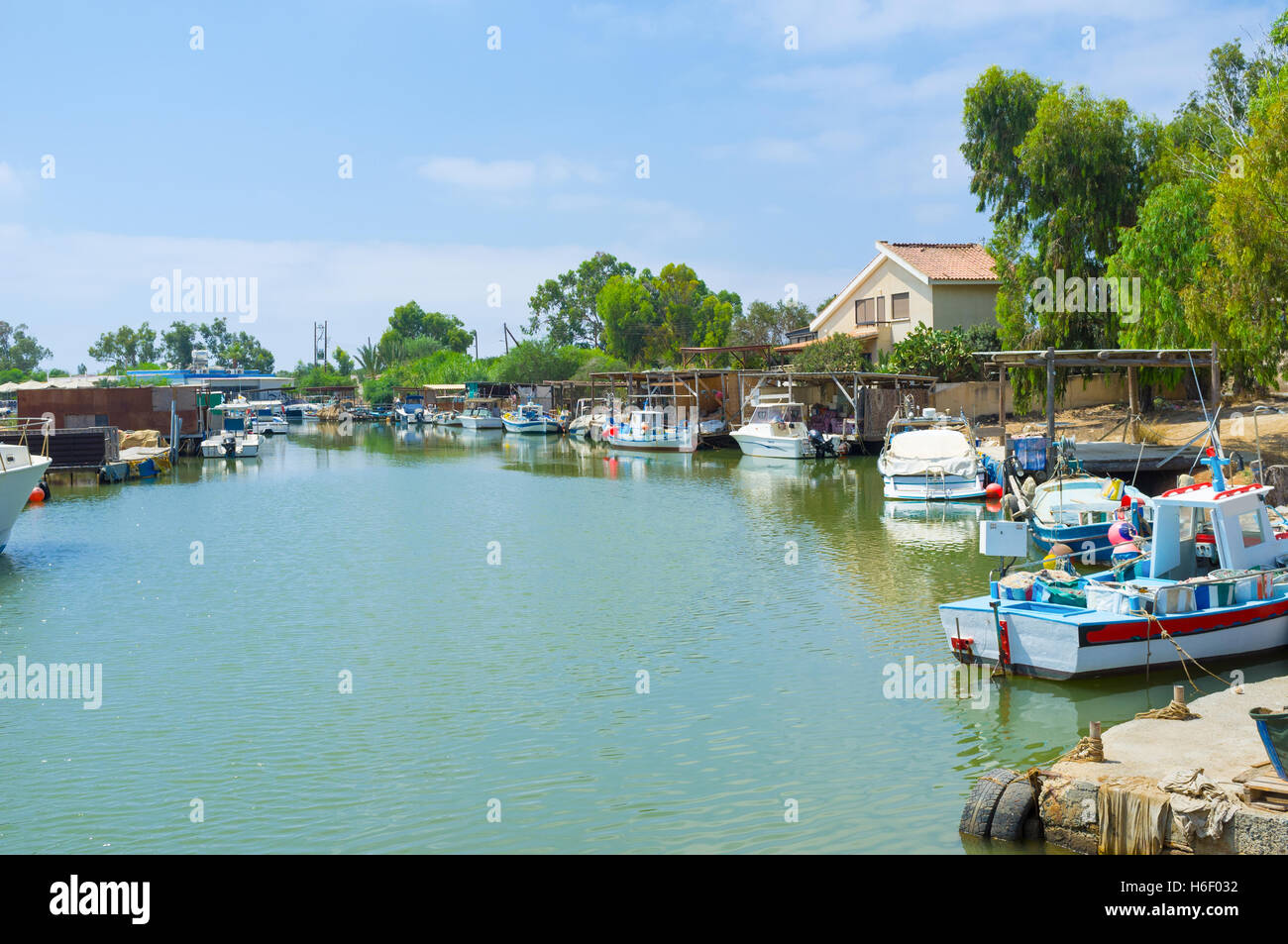 The fishing village with many moored boats, always ready for trips, Liopetri, Cyprus. Stock Photo