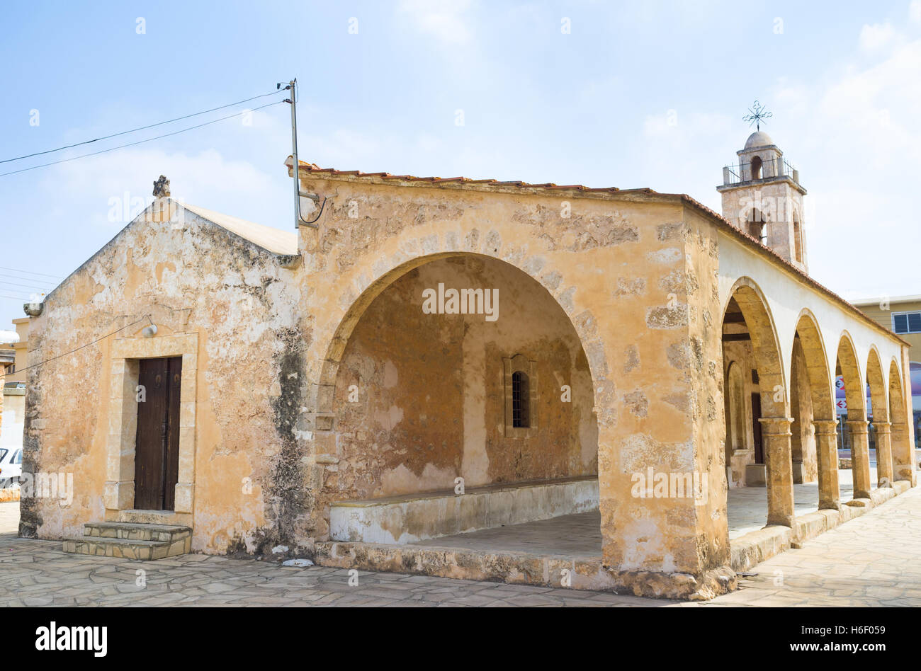 Chapel of Ayia Panayia is the medieval church in fishing village of Liopetri, Cyprus. Stock Photo