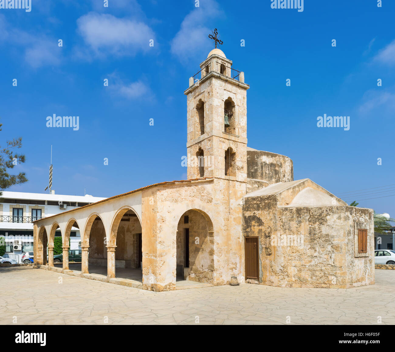 The Liopetri village with its medieval Chapel of Ayia Panayia is the notable landmark of East coast of Cyprus. Stock Photo