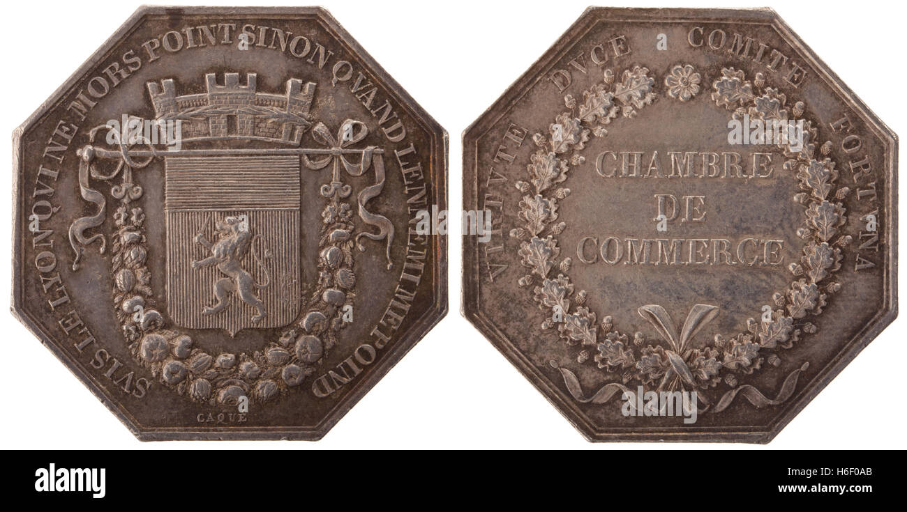 Silvers token, Rhone Alps. Chamber of Commerce of Lyon. France, Louis-Philippe I (1830-1848), isolated on white Stock Photo