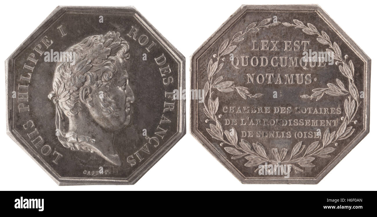 Silvers token, Notaries district of Senlis. France, Louis Philippe I, 19th century, isolated on white Stock Photo