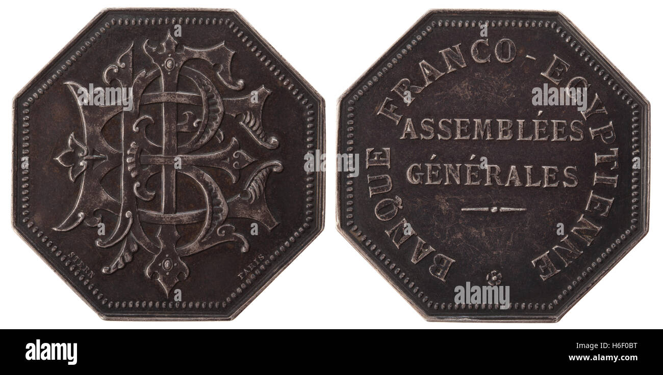 Silvers token, The General Assembly of the French-Egyptian Bank. France, the 3rd Republic, isolated on white Stock Photo