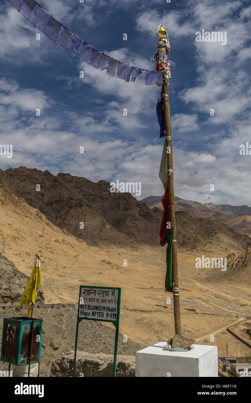 Prayer Flags at Shanti Stupa on the outskirts of Leh Stock Photo