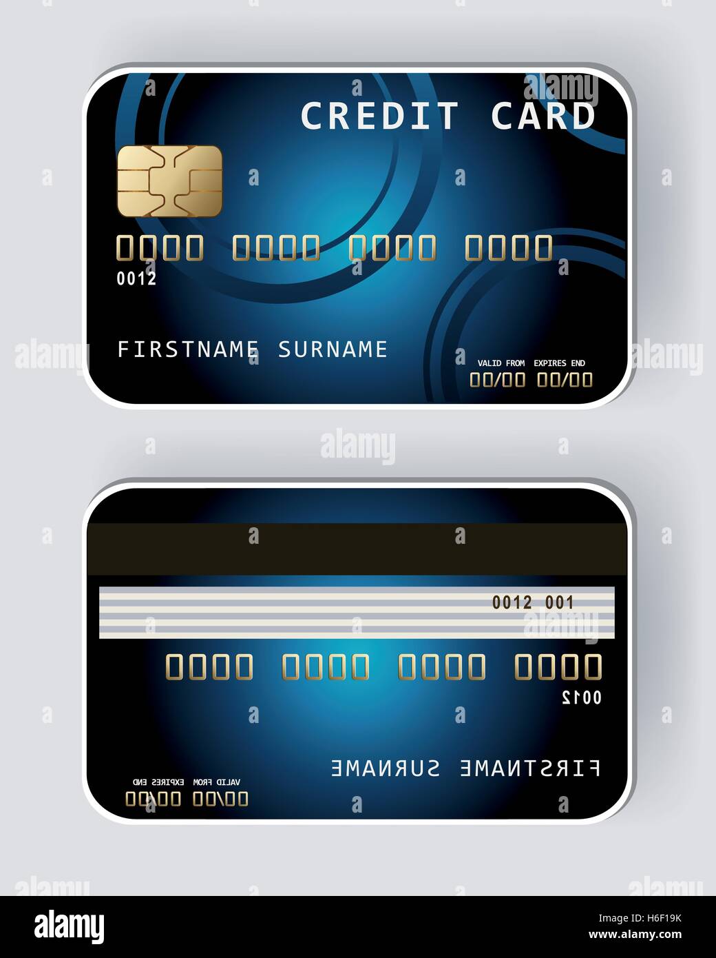 Blue credit card Banking concept front and back view Stock Vector