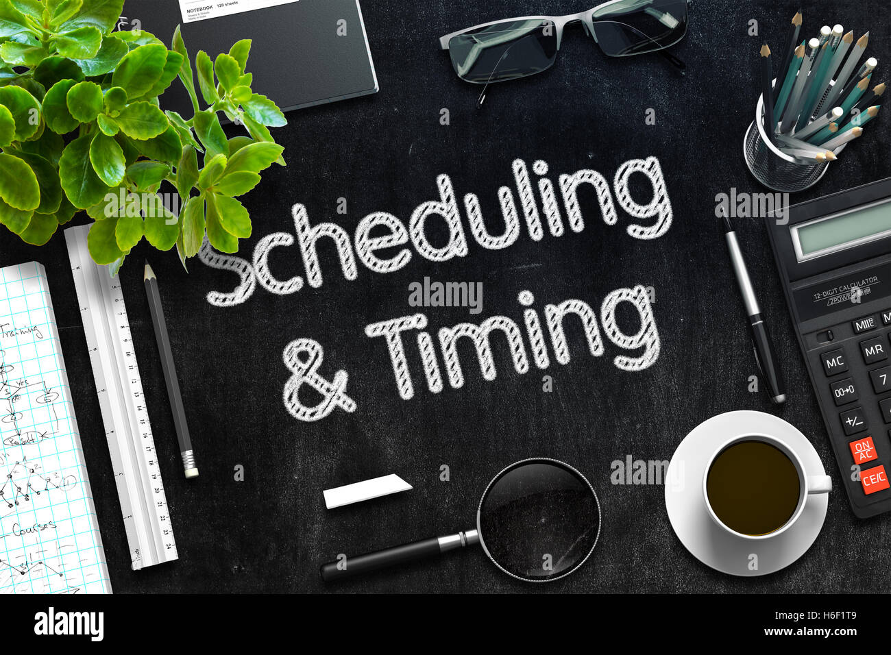 Black Chalkboard with Scheduling and Timing. 3D Rendering. Stock Photo