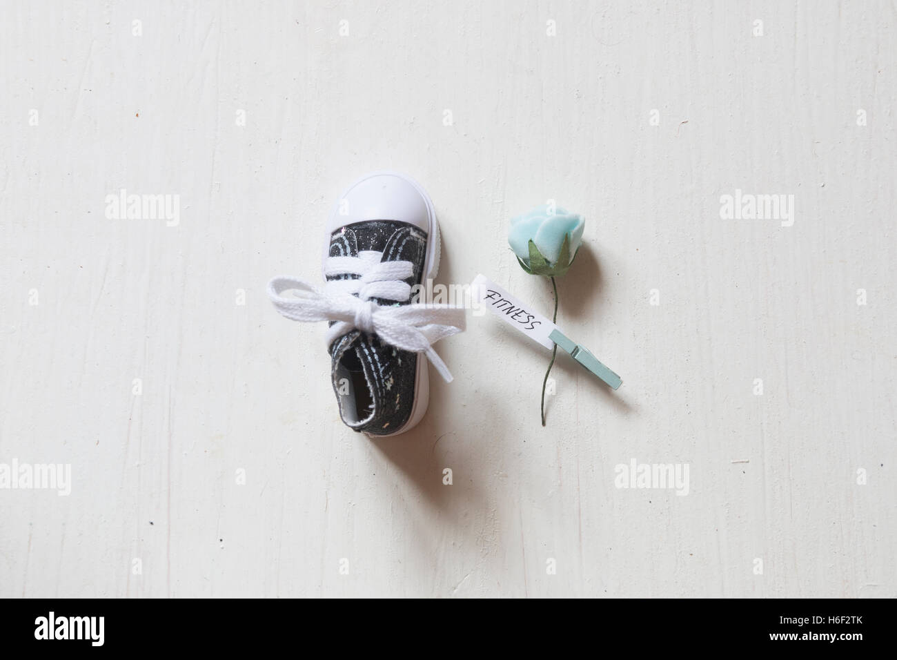 fitness training concept, flower with text and one shoe. Stock Photo