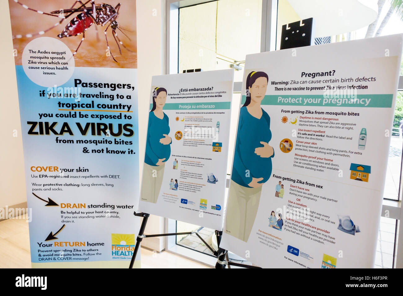 Miami Beach Florida,Waverly Condominiums,Zika Virus Town Hall Meeting,posters,English Spanish,advice,FL160830040 Stock Photo