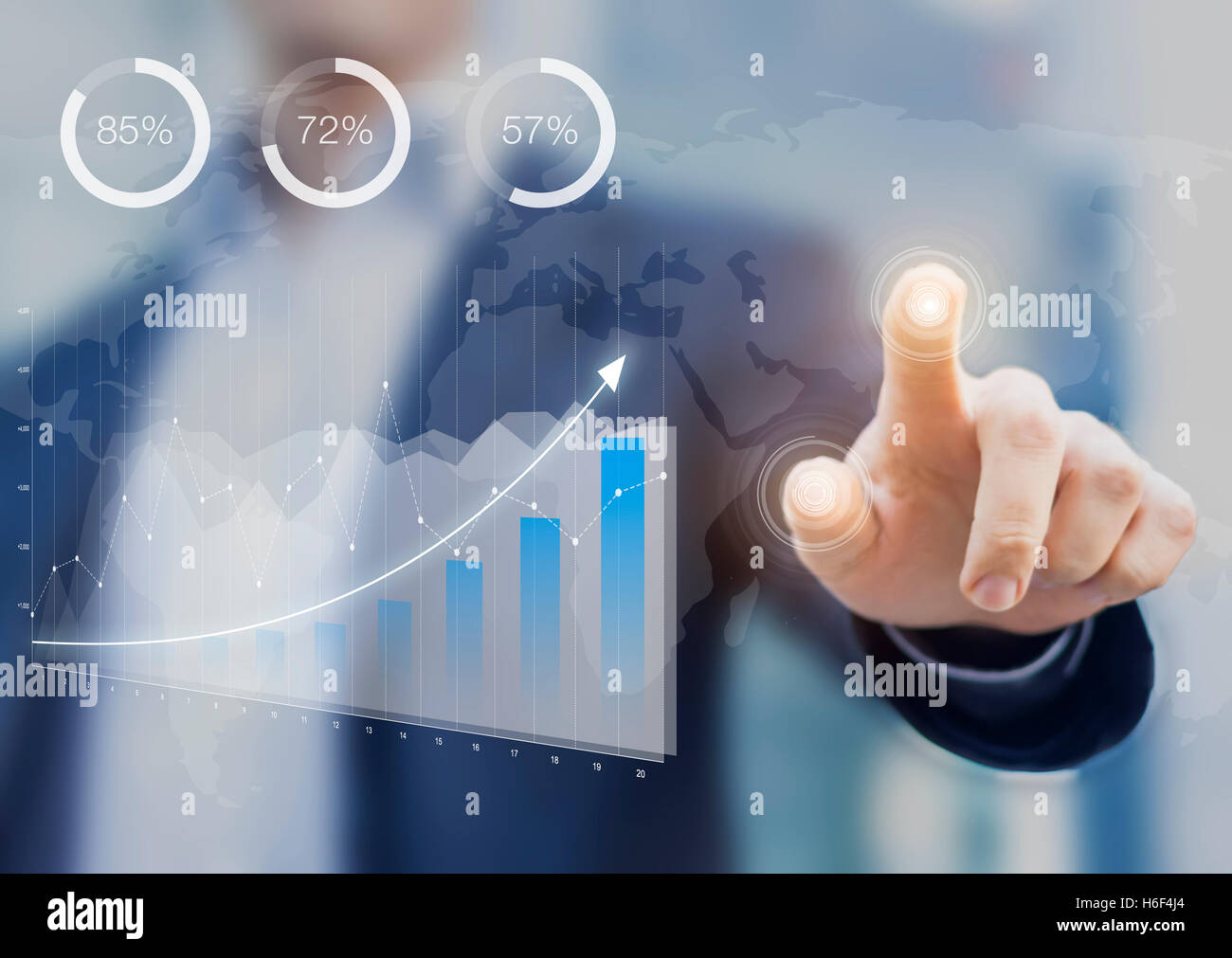 Business intelligence dashboard with key performance indicators on a computer interface, financial consultant touching screen Stock Photo
