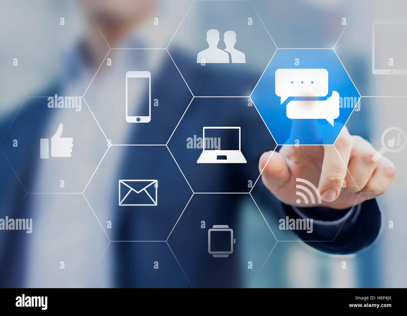 Communication, concept about comment or feedback, button with speech bubbles icon or chat Stock Photo
