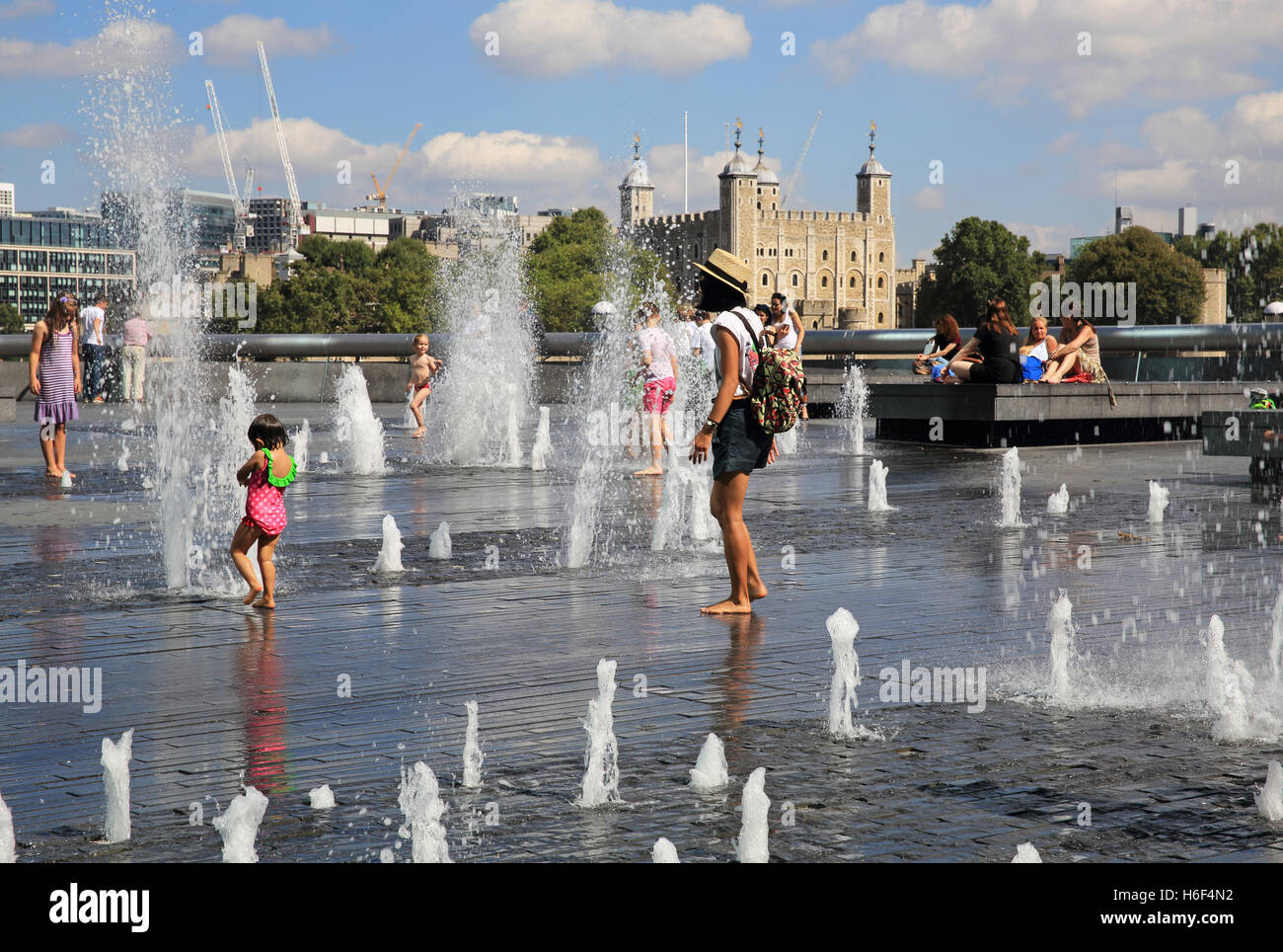 The fountains at More London Riverside, with the Tower of London behind