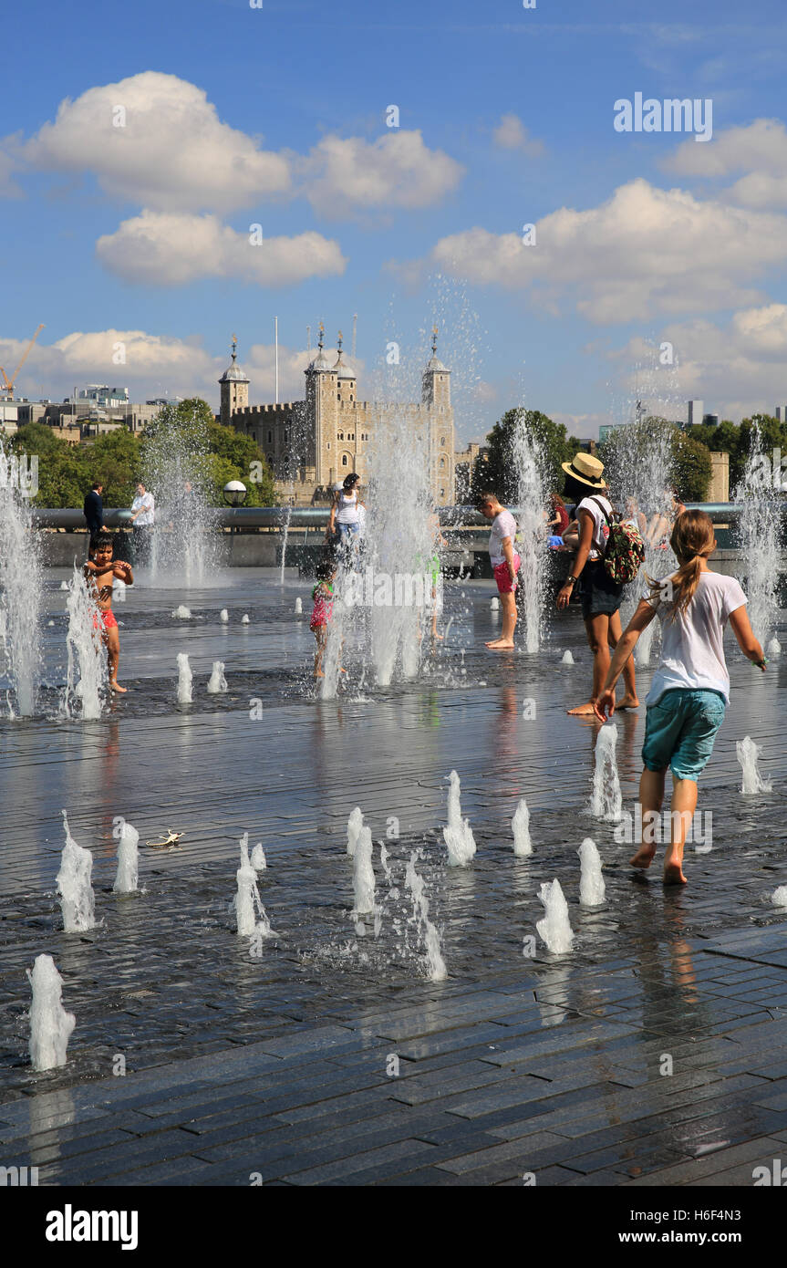 The fountains at More London Riverside, with the Tower of London behind