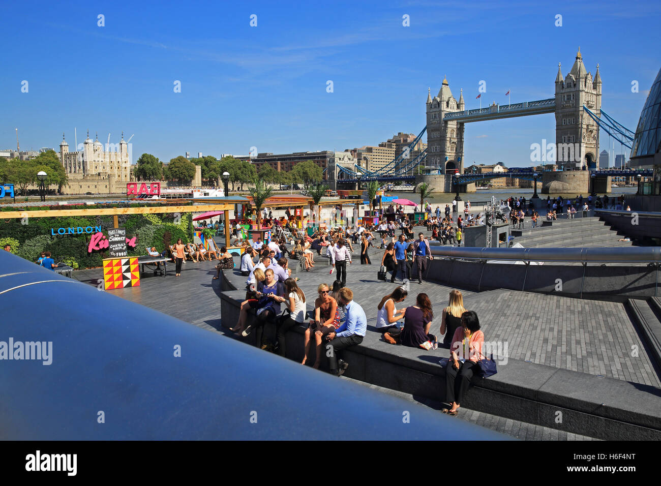 London Riviera, the summer pop up bar and kitchen, at More London Riverside, next to Tower Bridge, in Southwark, England, UK Stock Photo