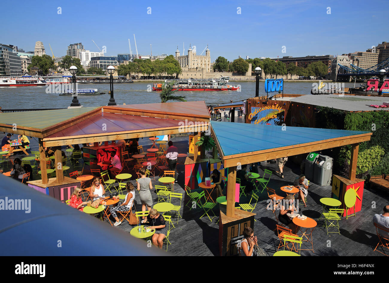 London Riviera, the summer pop up bar and kitchen, at More London Riverside, by the River Thames in Southwark, England, UK Stock Photo