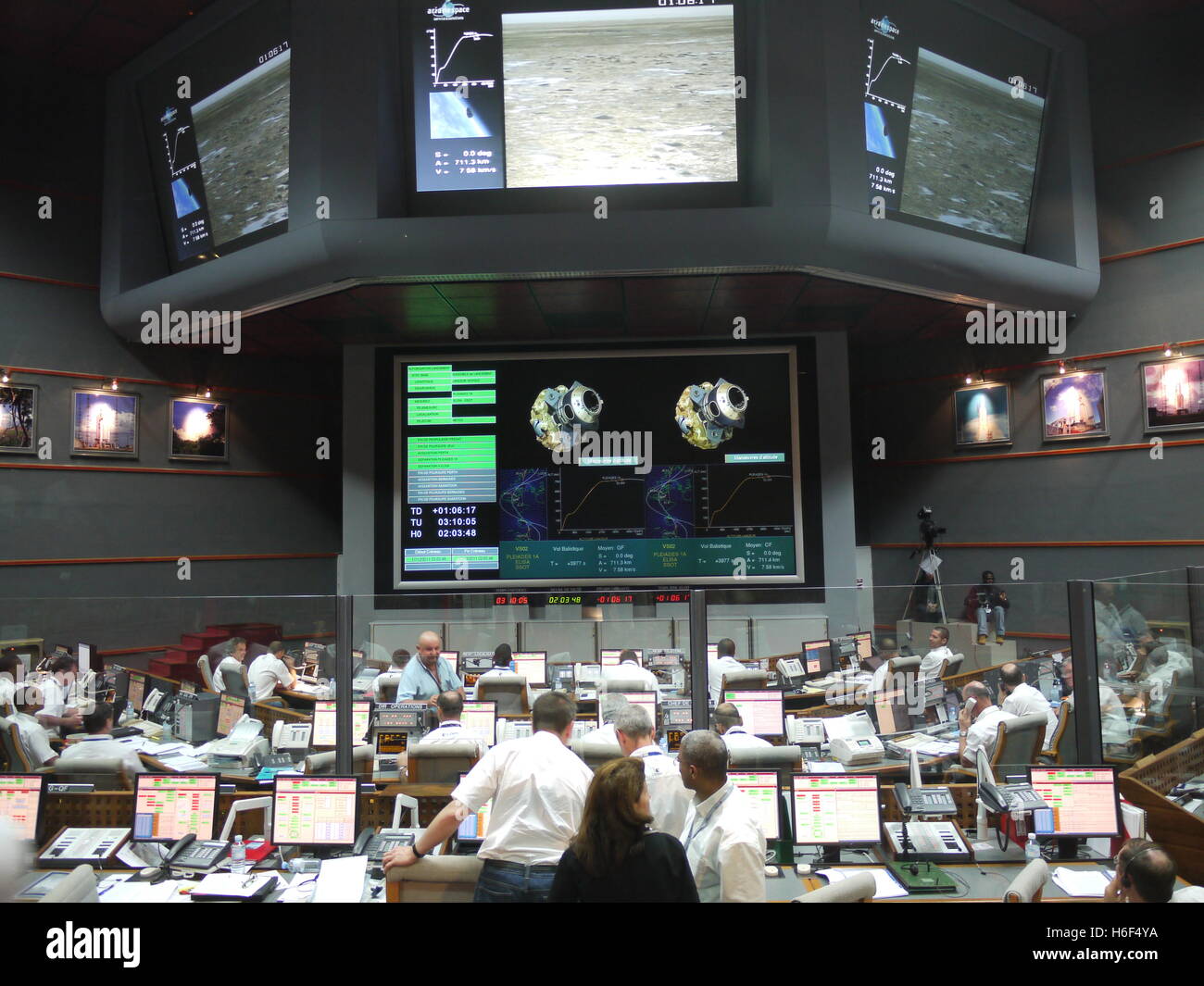 In French Guiana Space Centre, in Kourou, flight engineers control the orbiting of a satellite Stock Photo