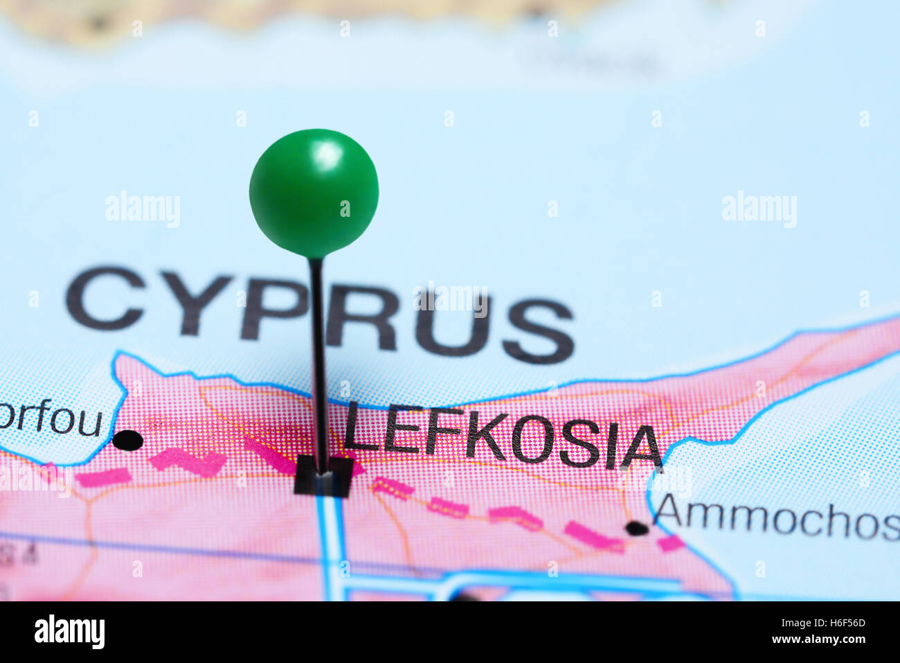 Lefkosia pinned on a map of Cyprus Stock Photo