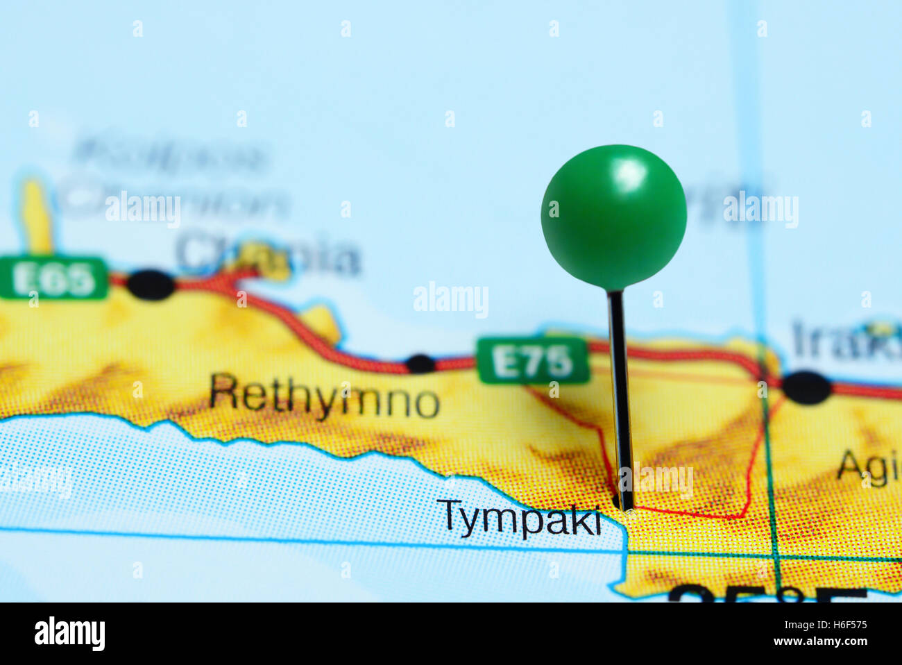 Tympaki pinned on a map of Greece Stock Photo