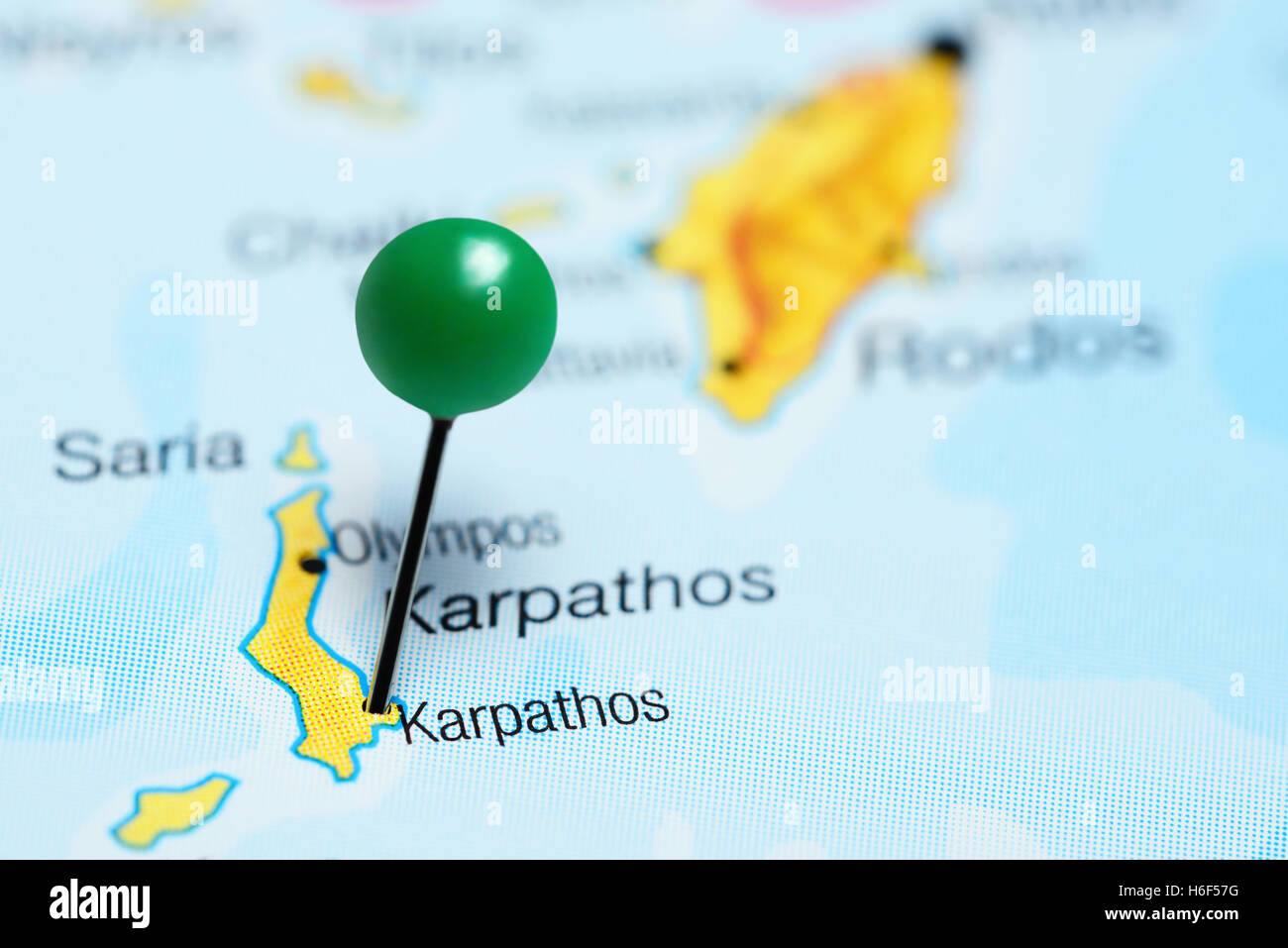 Karpathos pinned on a map of Greece Stock Photo