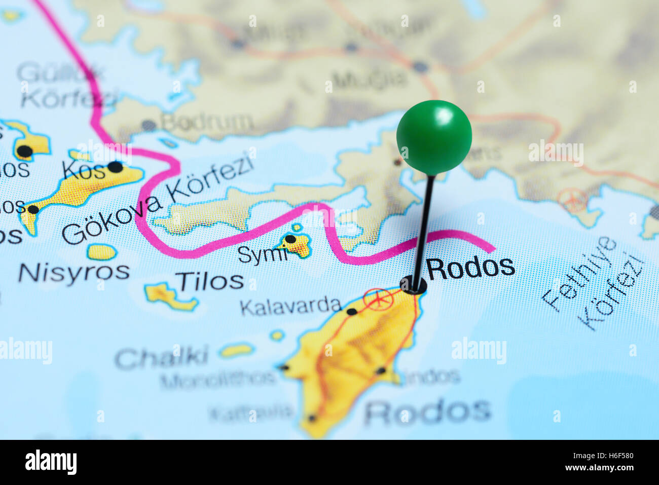 Rodos pinned on a map of Greece Stock Photo