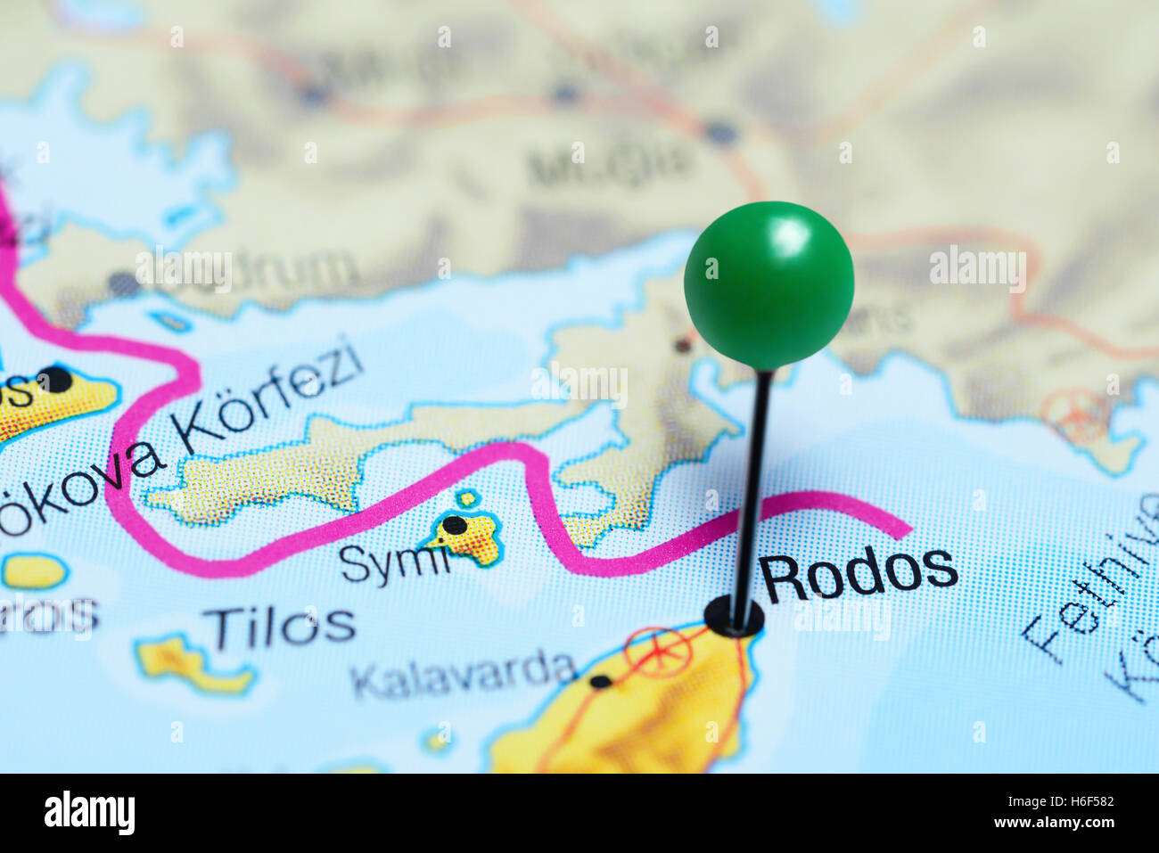 Rodos pinned on a map of Greece Stock Photo