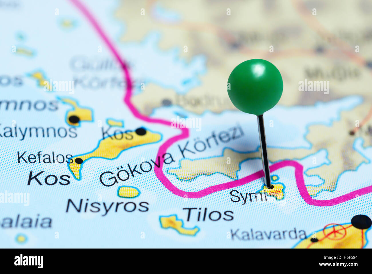 Symi pinned on a map of Greece Stock Photo