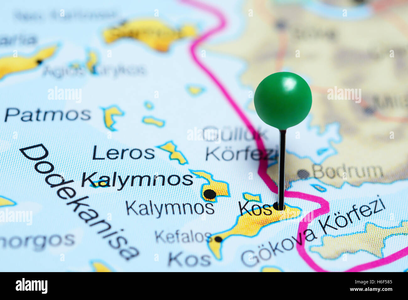 Kos pinned on a map of Greece Stock Photo