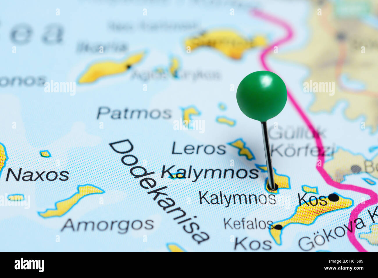 Kalymnos pinned on a map of Greece Stock Photo